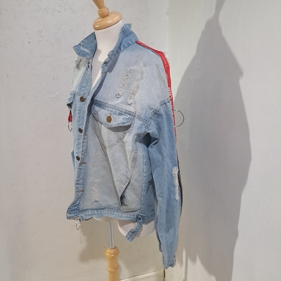 Se7en| Boyfriend Jeans Jacket Oversized Destroyed Zipper Color Gradient Cracks - Picture 5 of 13